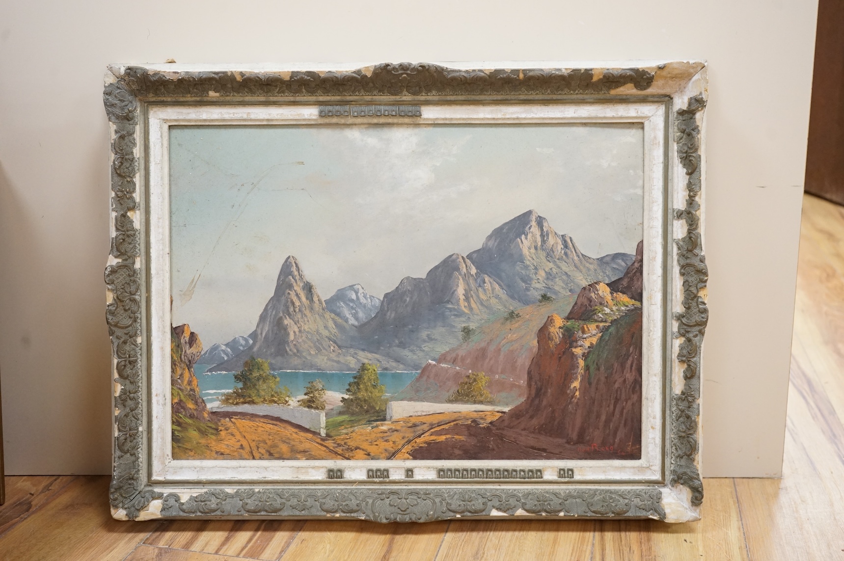 A V D Ploeg, Continental mountainous landscape, signed, oil on board, 37 x 53cm